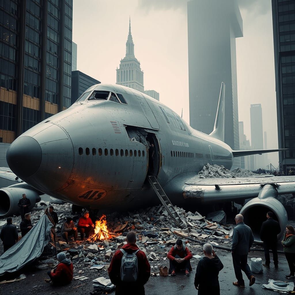 A large airliner that crashed in a major city's financial district lies damaged and dented amid the rubble of a destroye...