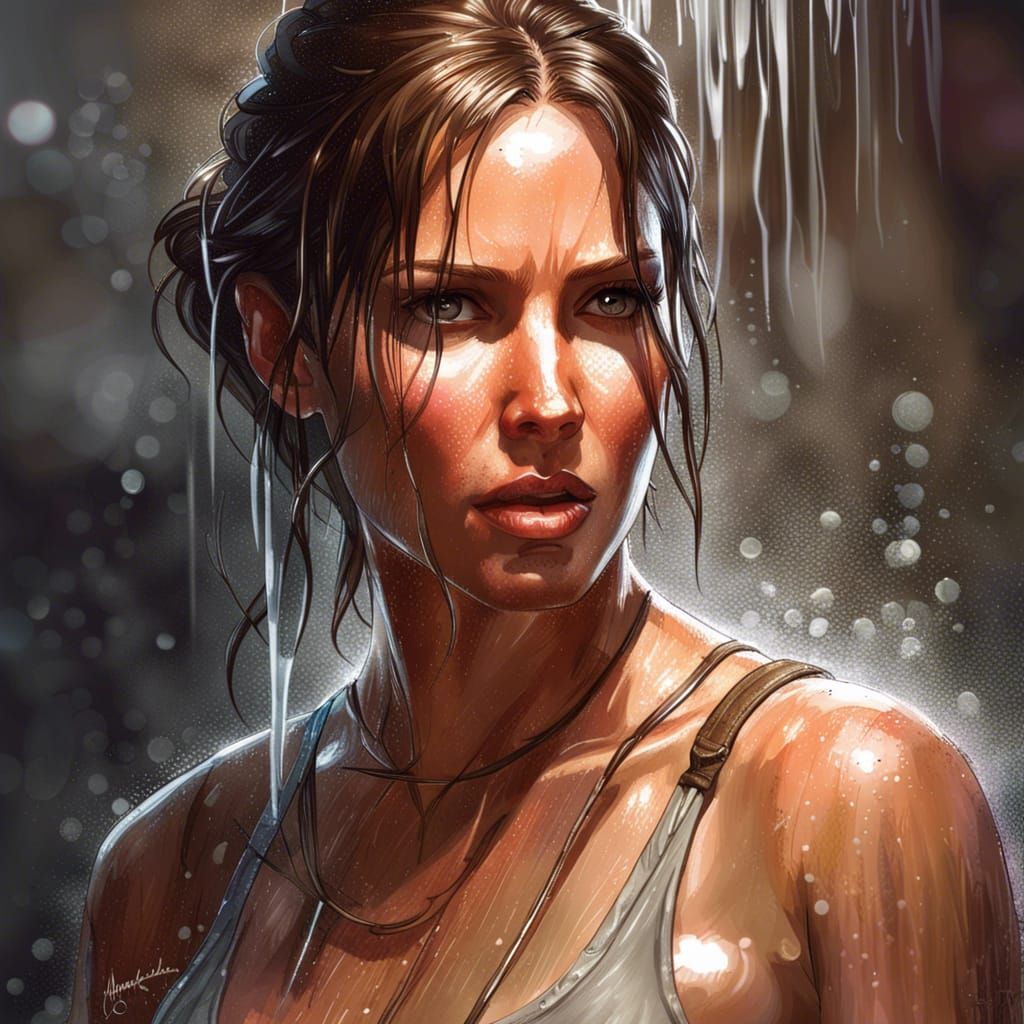 Lara Croft Shower Portrait in Hyperdetailed Style