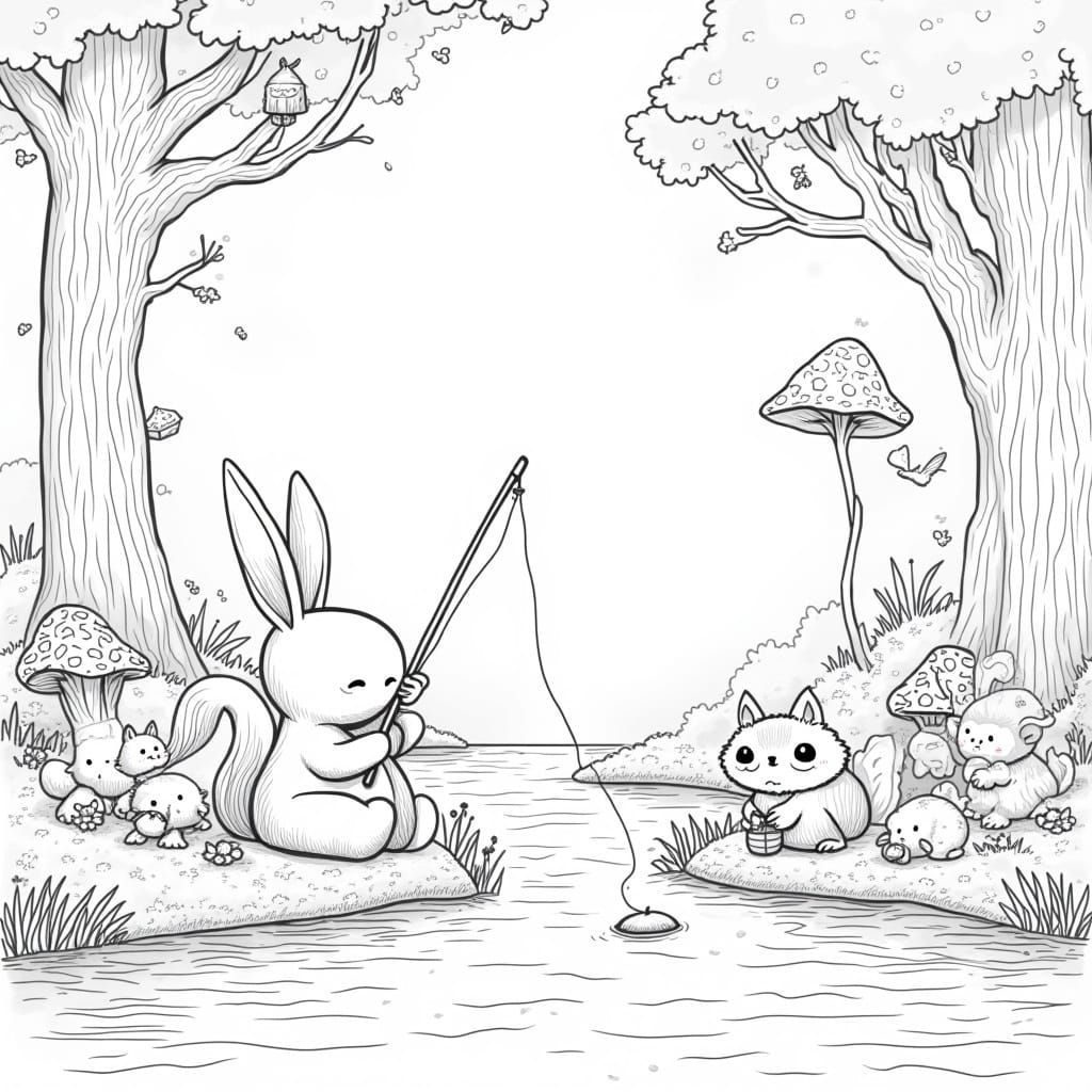 Bunny Labubu's Riverbank Adventure: Black and White Line Art