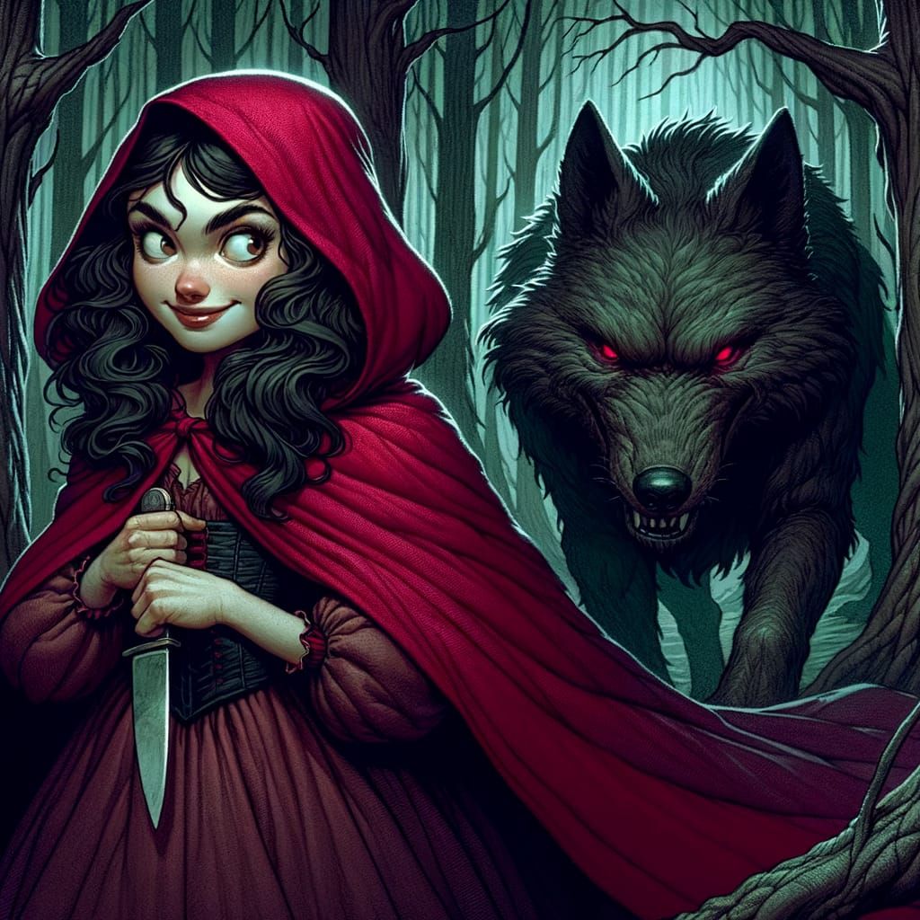 Girl in Crimson Cloak Hides Knife From Wolf