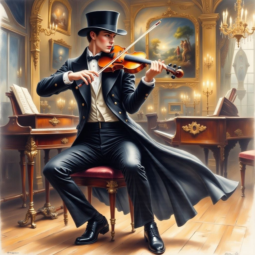 Violinist in Wind, Watercolor Painting