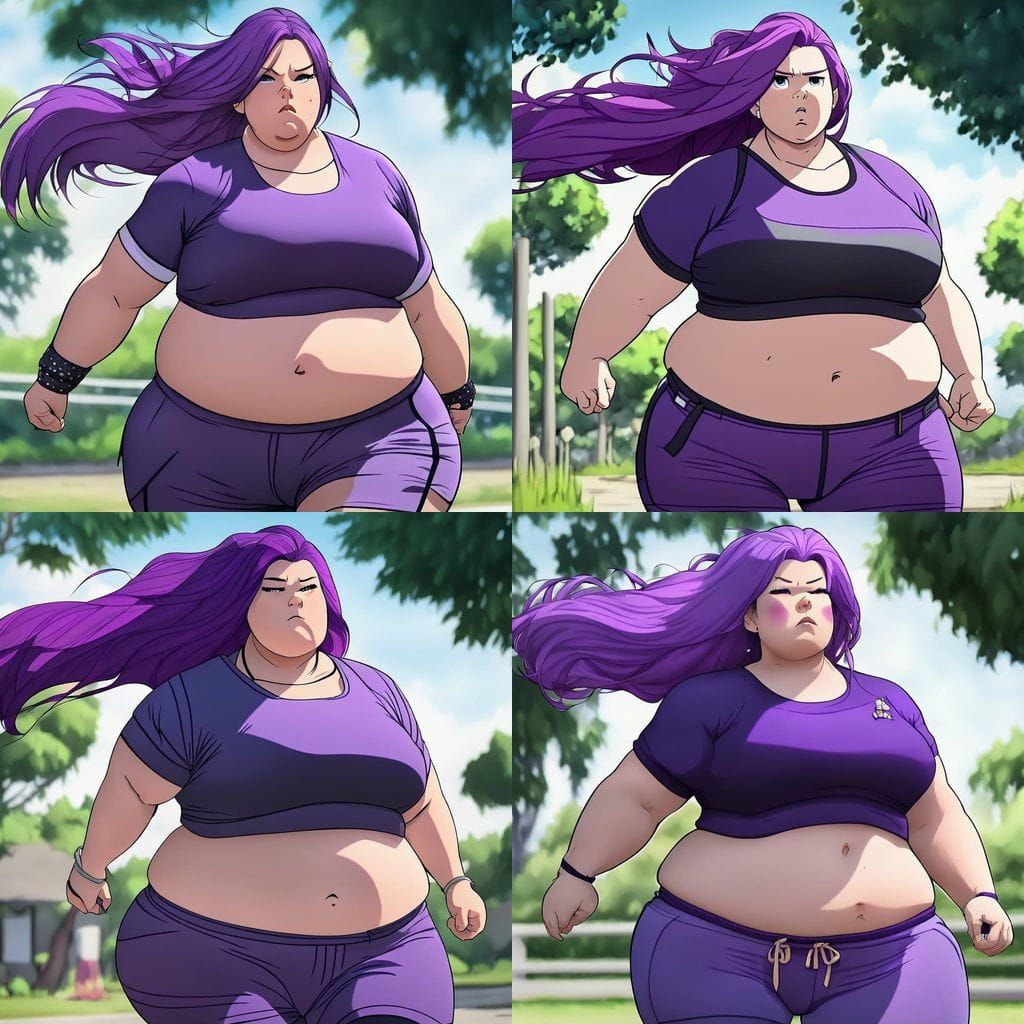 Anime Style: Plus-Size Woman Jogging and Sweating