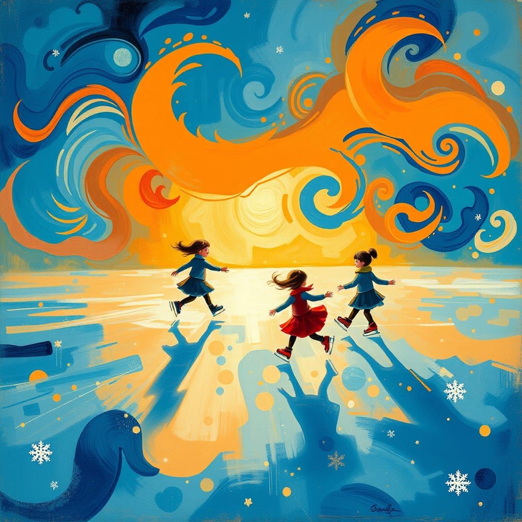 Dreamlike Ice Skating Scene in Vibrant Colors