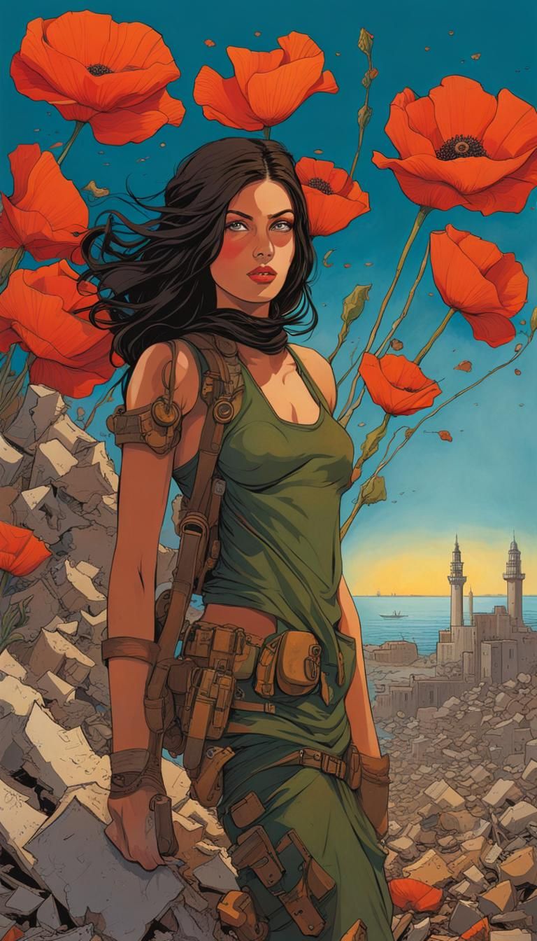 Resilient Girl Among Ruins with Poppies