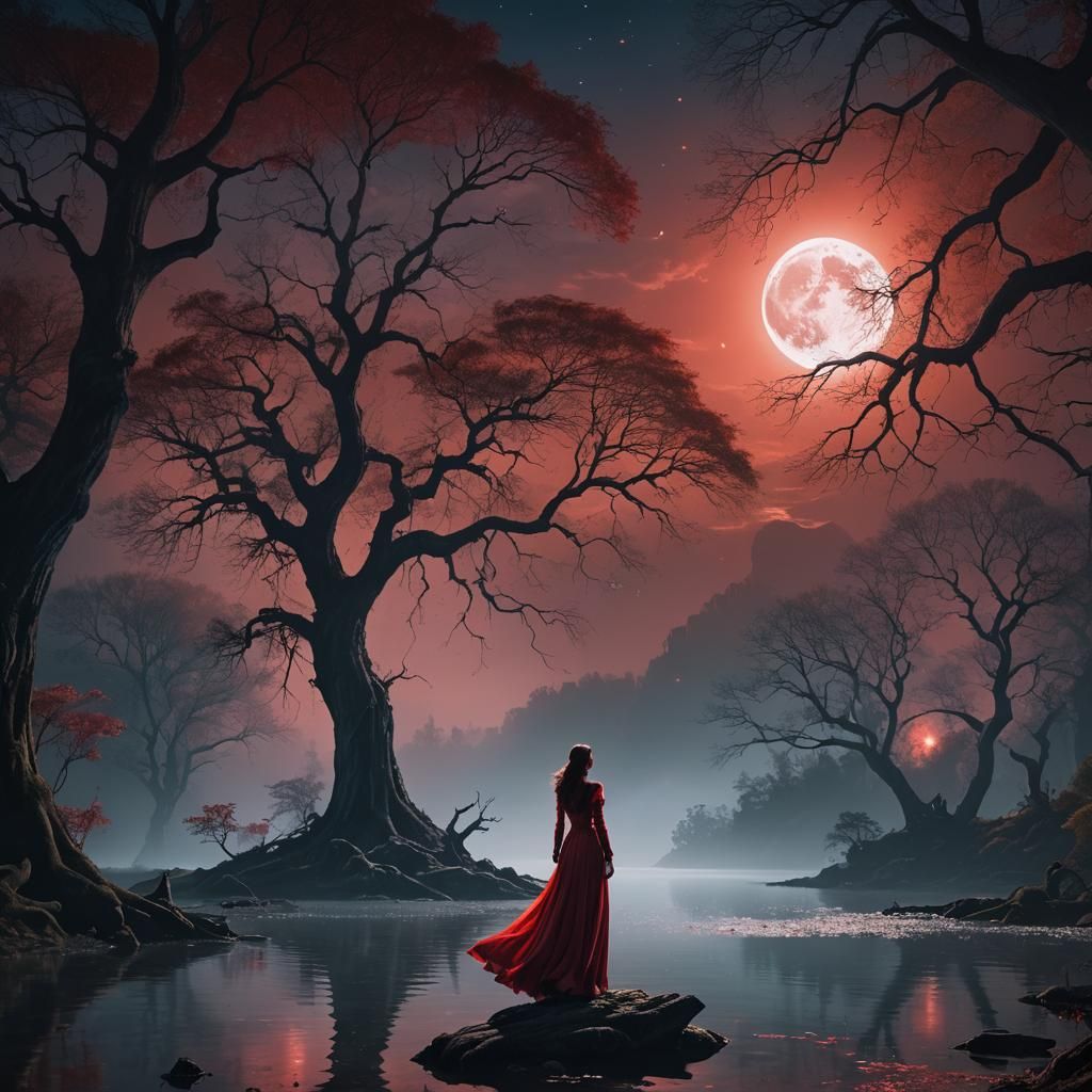 Mysterious Red Gown Female Figure at Moonlit Lake in Ash Tho...