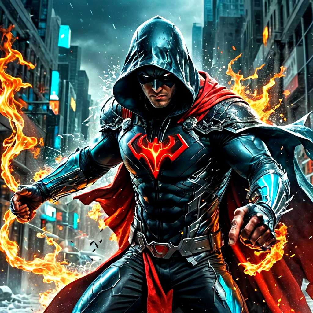 Fire and Ice Superhero in Hyperrealistic Style