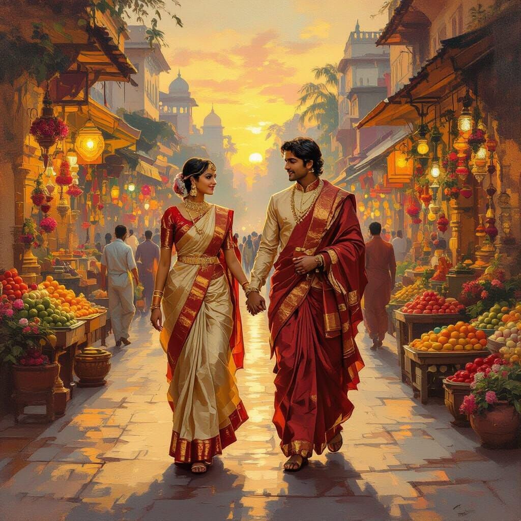 Indian Couple in Vibrant Marketplace at Sunset