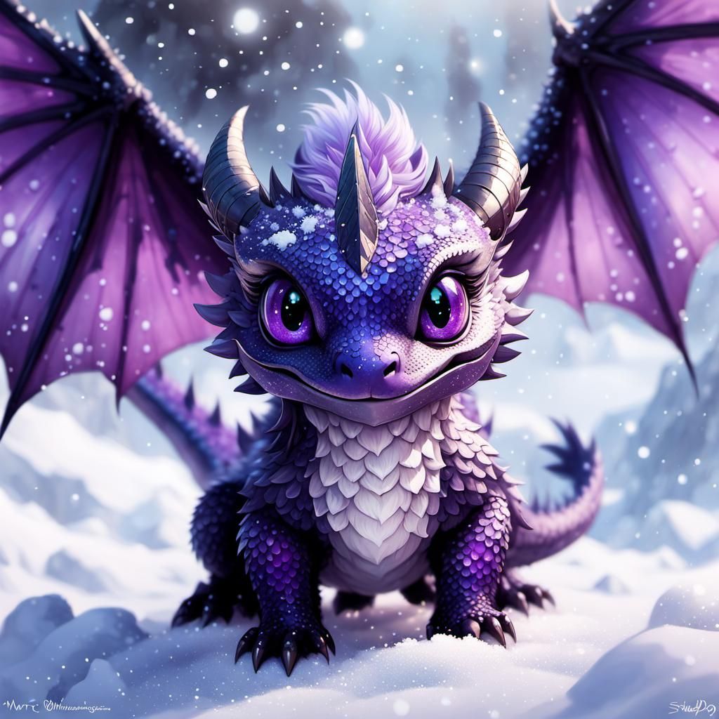 Cute Purple Chibi Dragon Playing in Snow