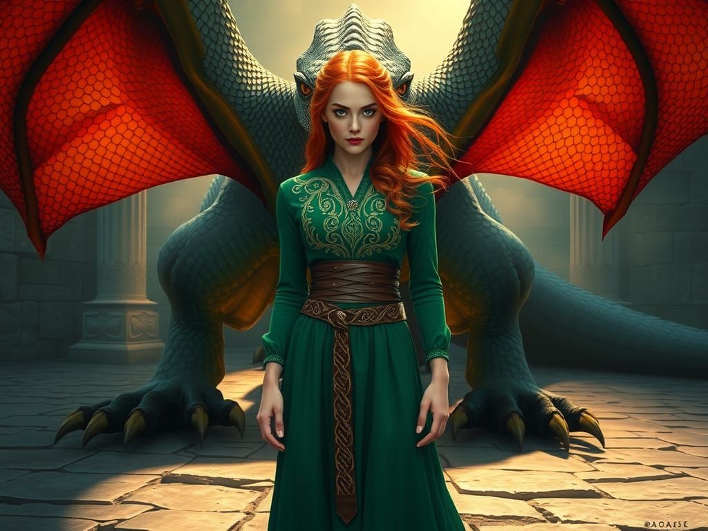 Redhead Woman Stands Confidently Before a Massive Dragon