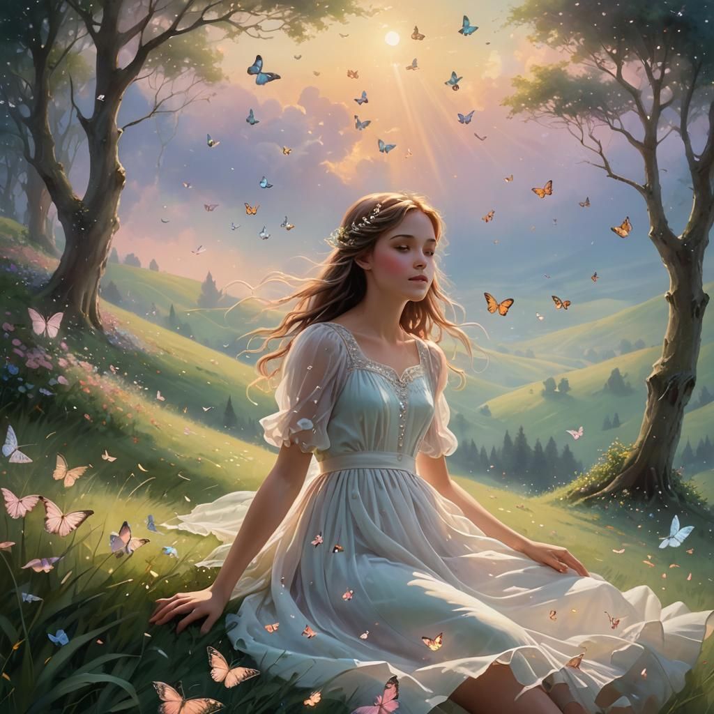 Ethereal Fantasy Landscape with Girl and Butterflies