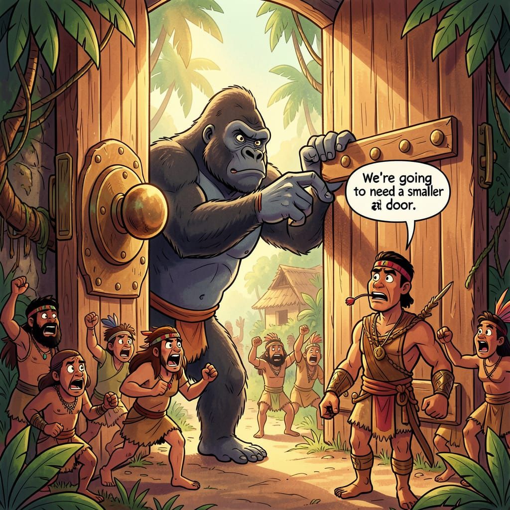 Giant Gorilla at Jungle Village Doorway Cartoon Style