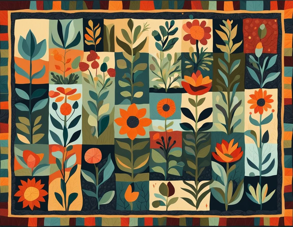 Whimsical Floral Quilt in Arts and Crafts Naive Style