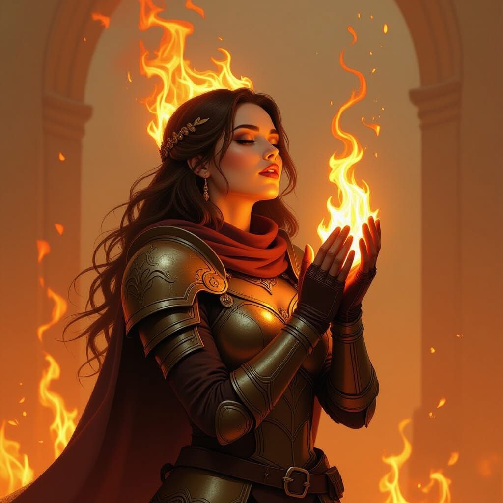 Flaming Warrior Woman Worshipping in Mystical Art Style