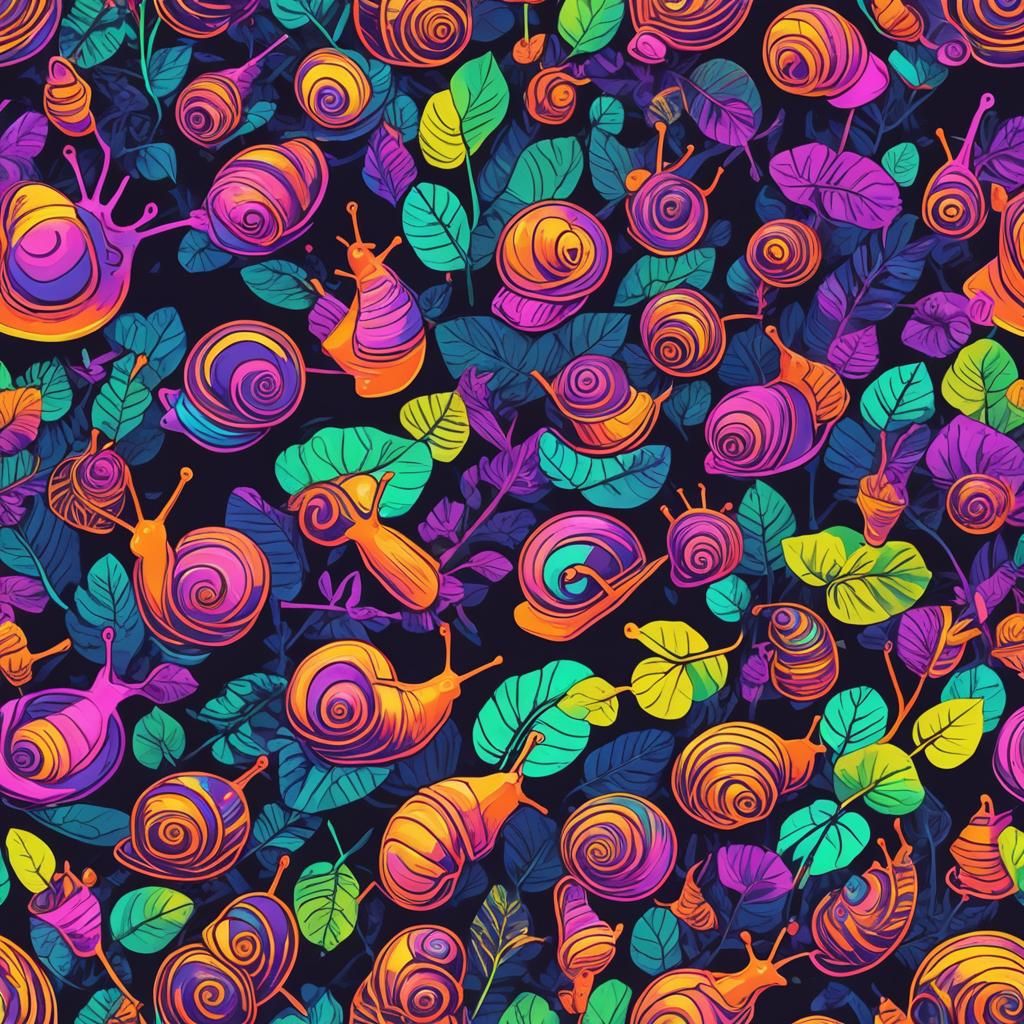Psychedelic Snails on Neon Leaves in Synthwave Style