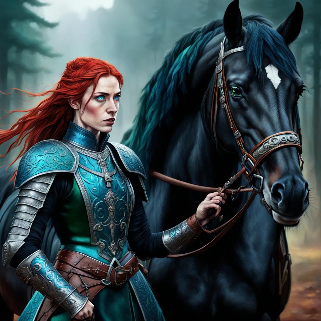 Elegant Warrior Stands Beside Majestic Black Stallion in Eme...