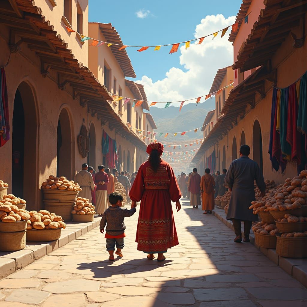 Bustling Cusco Market Scene: Colonial Era Tensions