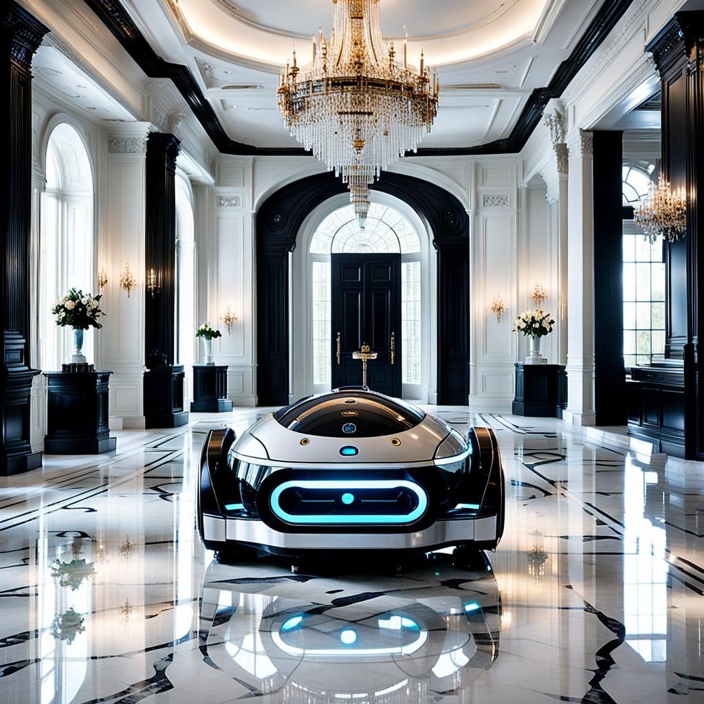 Futuristic Cleaning Robot in Opulent Mansion: 3D Digital Art