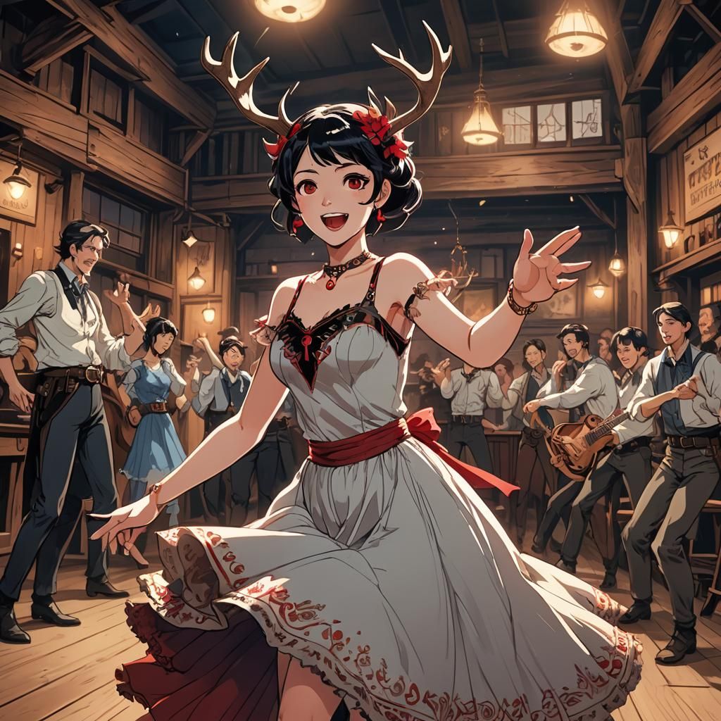 Anime Saloon Dancer with Antlers in Cel-Shaded Style