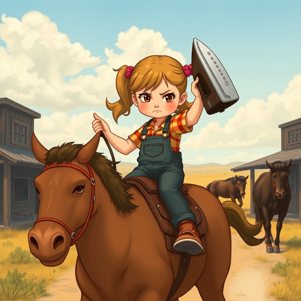 Ghibli-Style Girl Rides Bronco with Electric Iron
