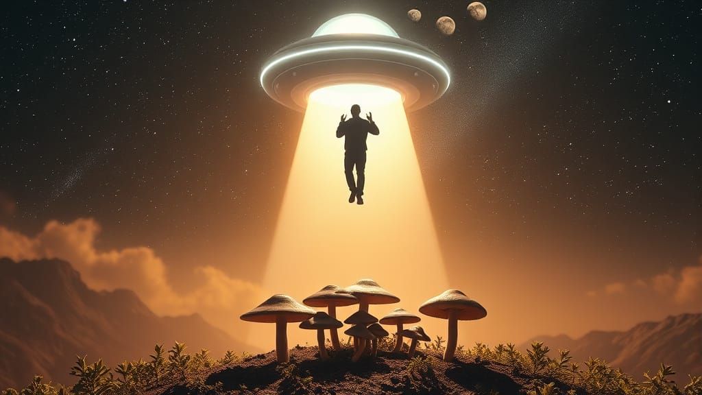 Human Beamed Into UFO Above Starry Landscape