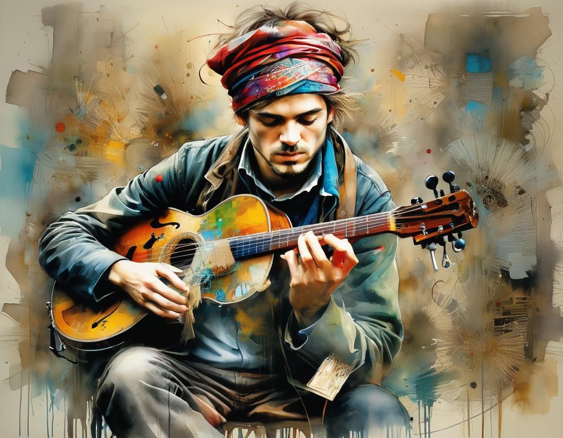 Street Musician in Watercolor and Abstract Style