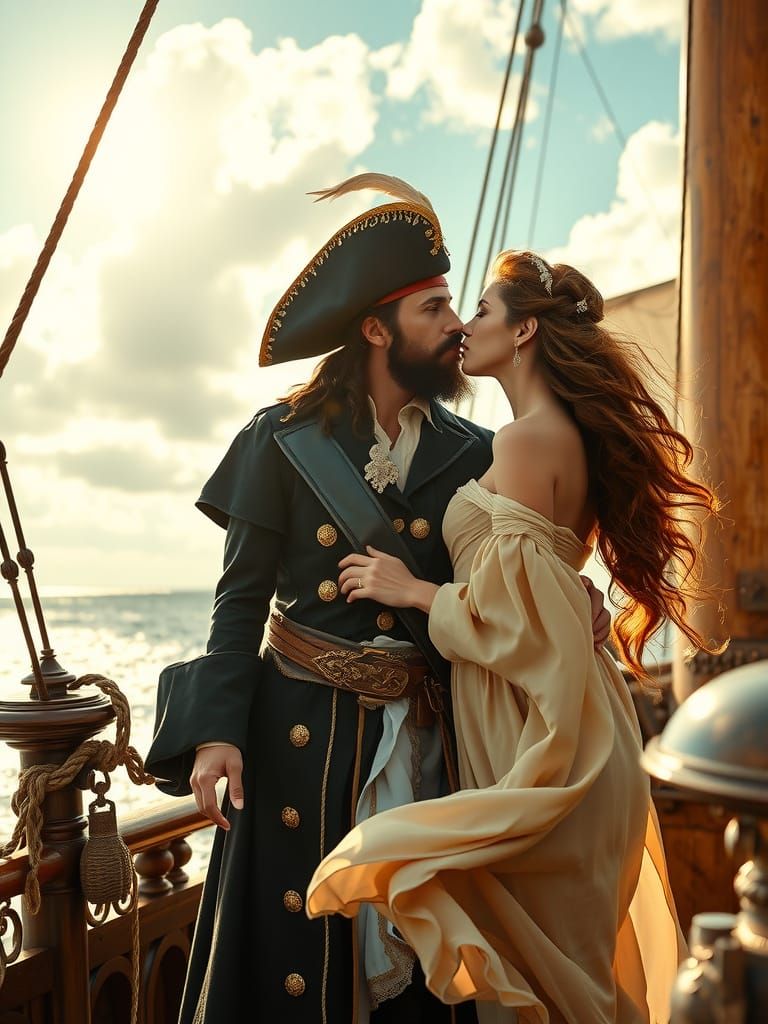 Regal Pirate Captain Kisses Bourgeois Lady in Sun-Drenched S...