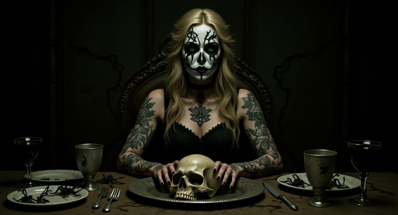 Gothic Woman with Sugar Skull Makeup at a Feast for the Dead