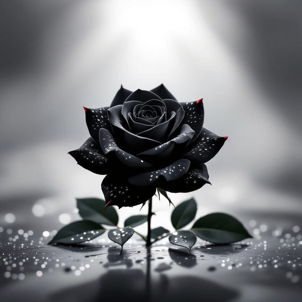 Stark Black and White Rose with Dewdrops