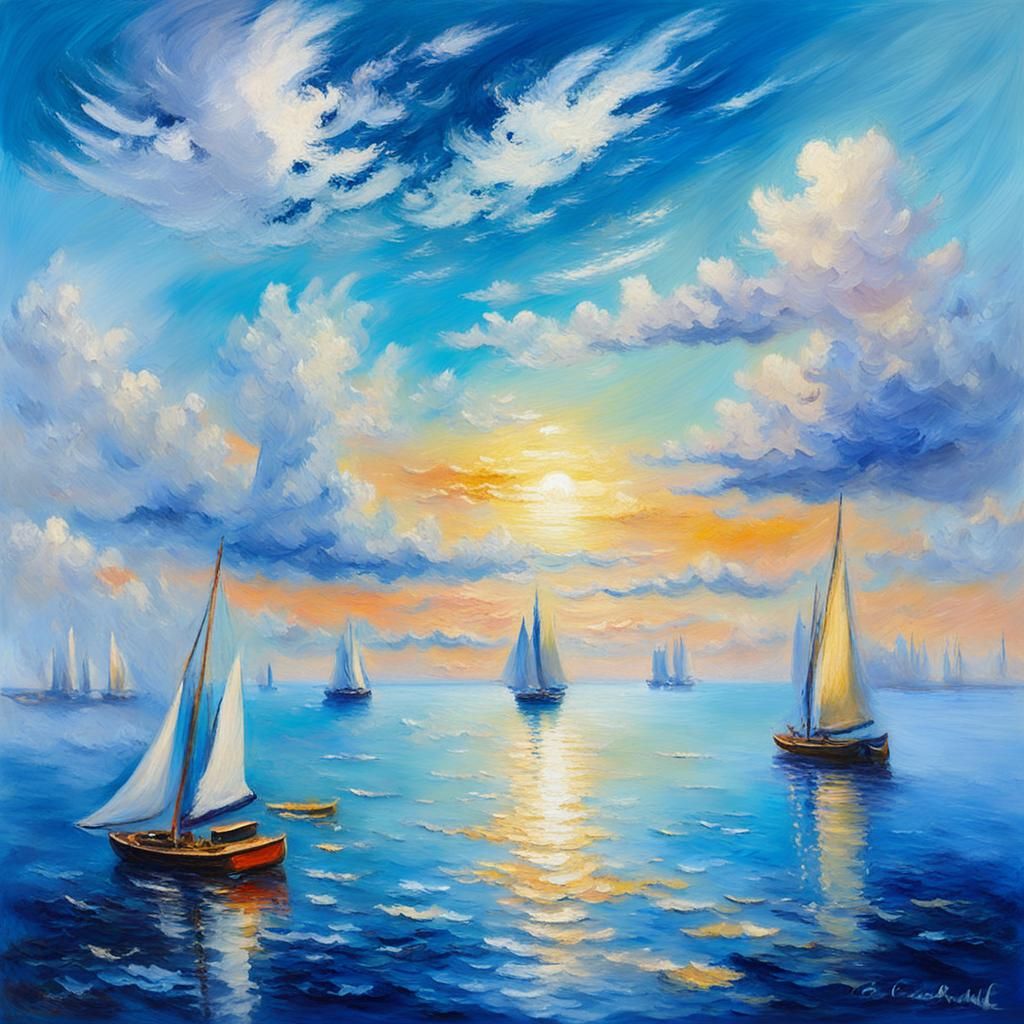 Sky Ships on Water: Impressionist Oil Painting