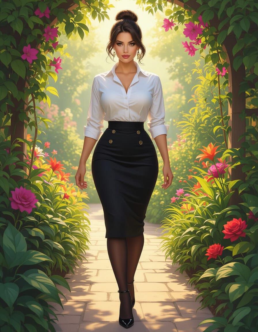 Woman in Pencil Skirt in Lush City Garden Painting