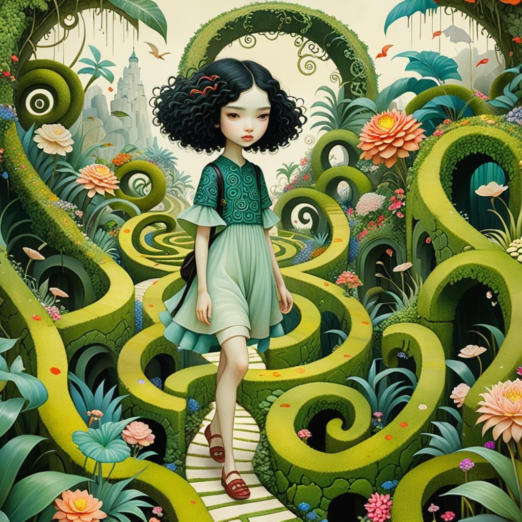 Surreal Tropical Garden Maze with Dragons