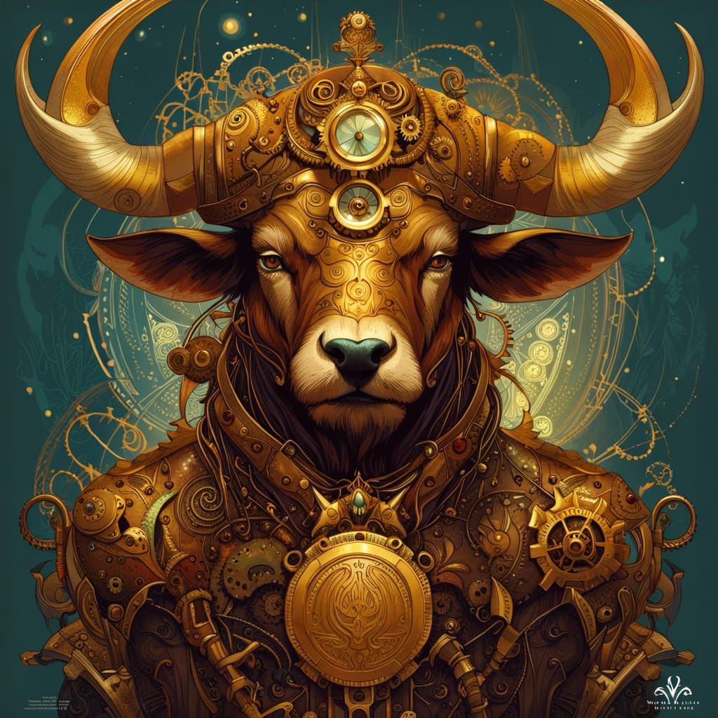 Steampunk Minotaur with Golden Outlines