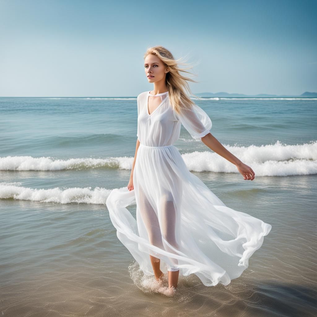 Young Blonde Woman Runs in the Sea