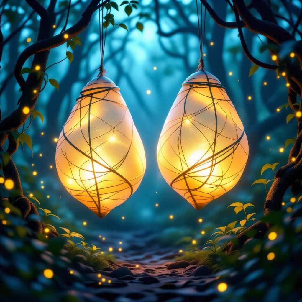 Glowing Cocoons in Luminous Twilight Forest