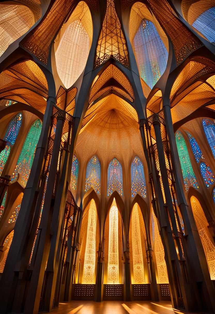 A majestic string art sculpture of the Sagrada Familia's int...