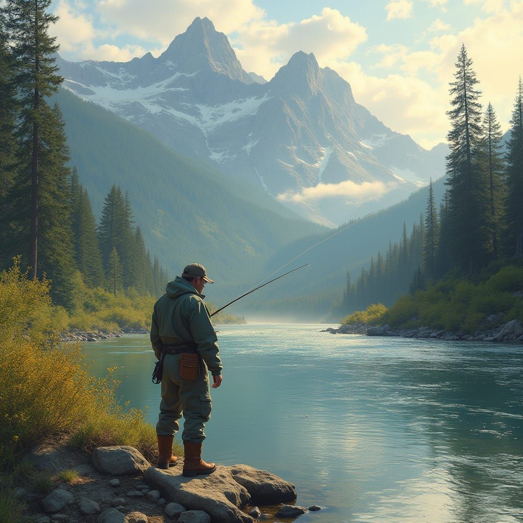 Man Catches Fish in Serene Mountain Landscape