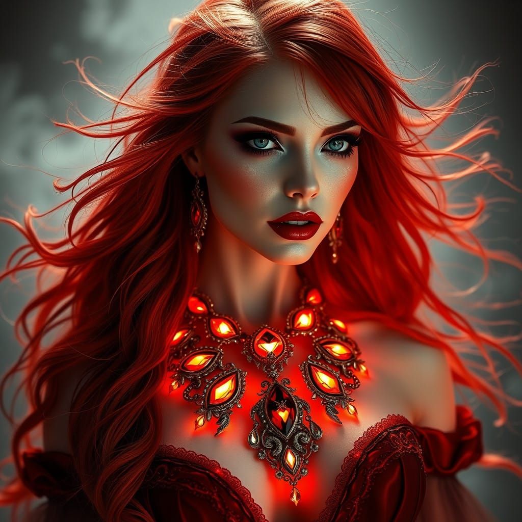 Gothic Fantasy Woman with Fiery Red Hair and Dramatic Makeup