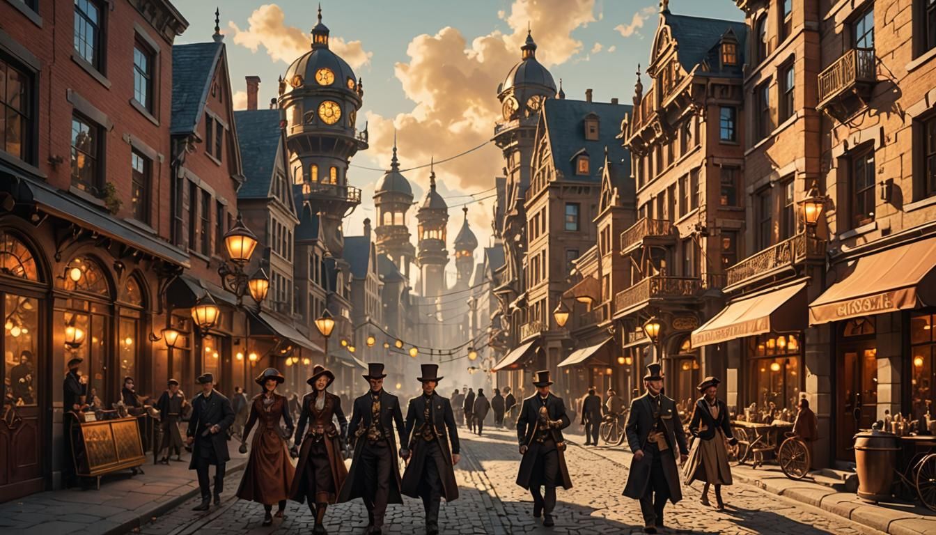 Whimsical Steampunk Cityscape with Intricate Metal Facades