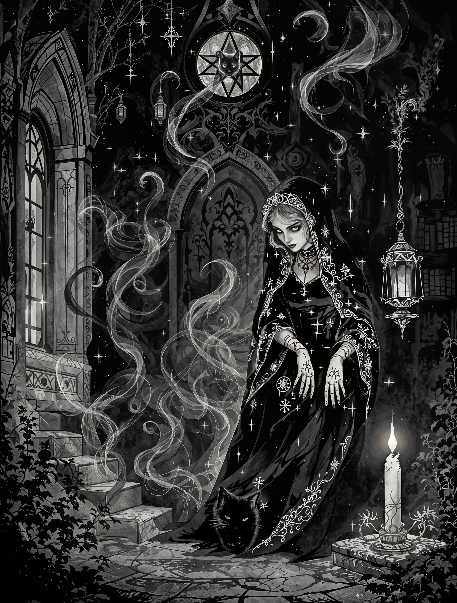 Gothic Twilight Scene of a Wise Woman and Her Black Cat Fami...