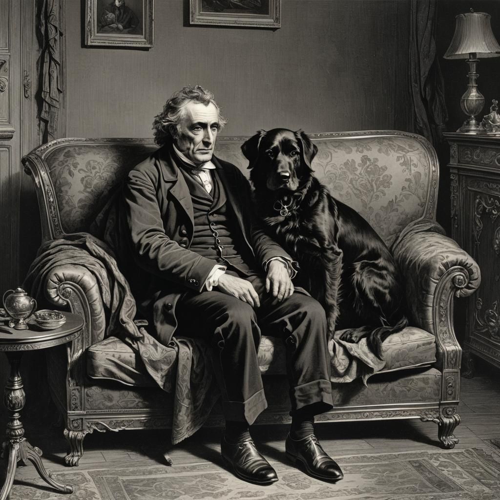 Man Petting Dog: Gothic Horror Illustration