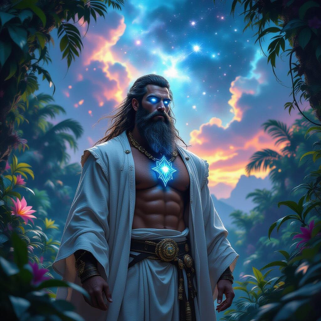 Muscular Wizard Gazing at Nebula Sky in Vibrant Jungle