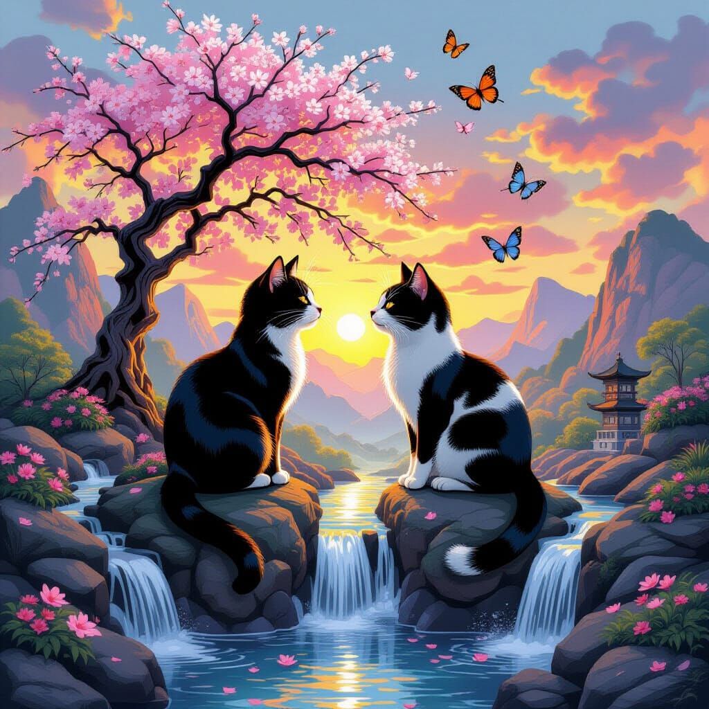 Yin Yang with Cats, Blossoms, and Butterflies