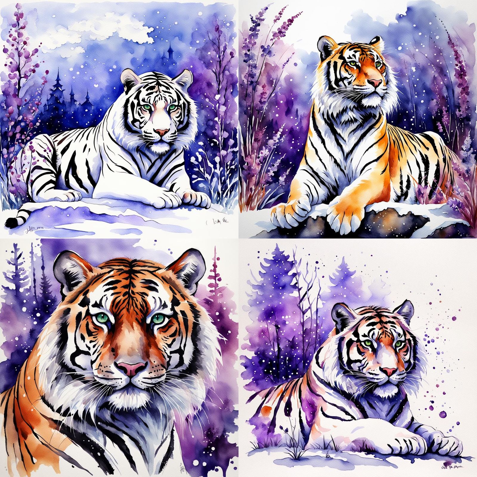 Gothic Fairy with Snow Tiger in Watercolor Style