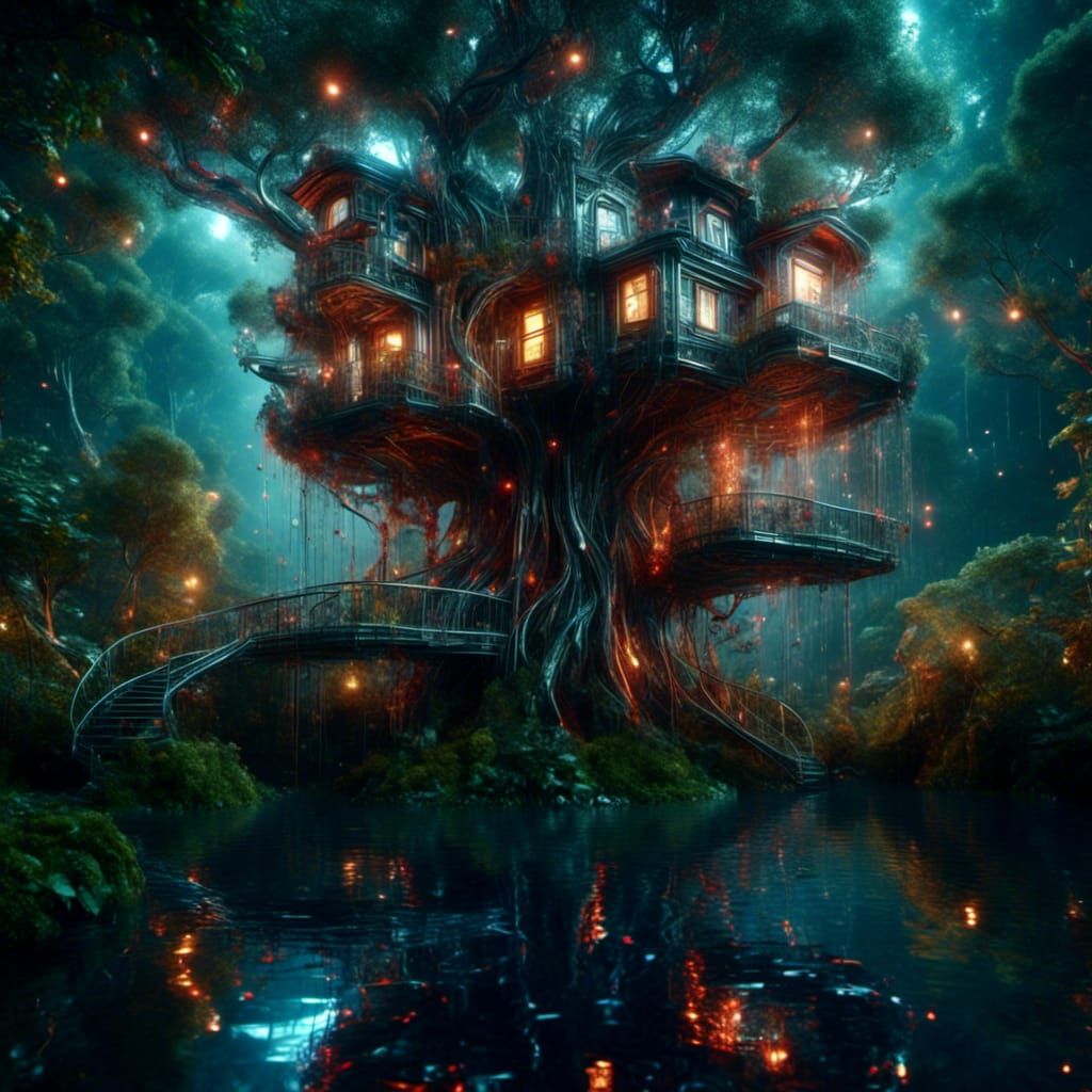 Bionic Nanotechnology Treehouse with Crystal Pond