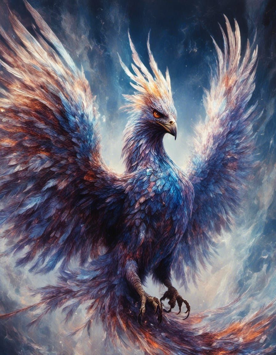 Crystal Phoenix Soaring in Ethereal Sky