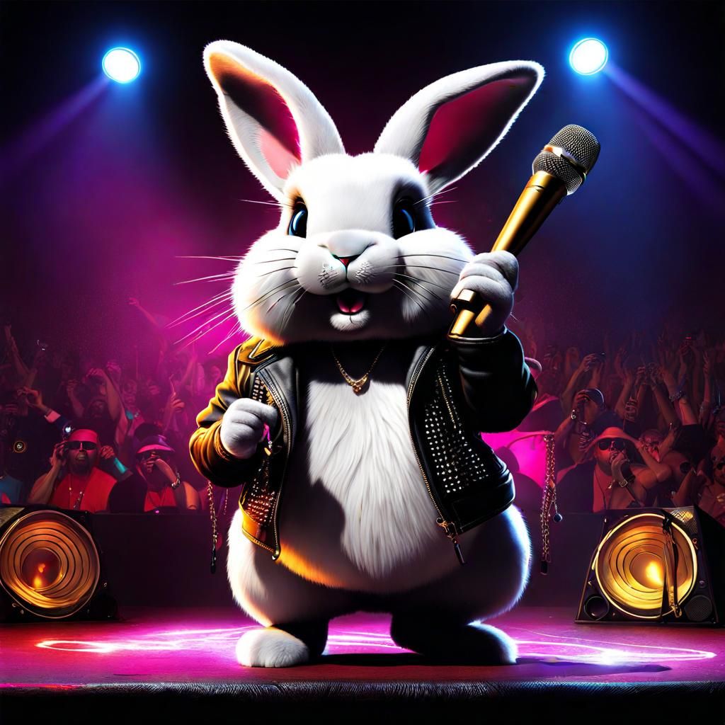 Hyperrealistic Bunny Rapper on Concert Stage