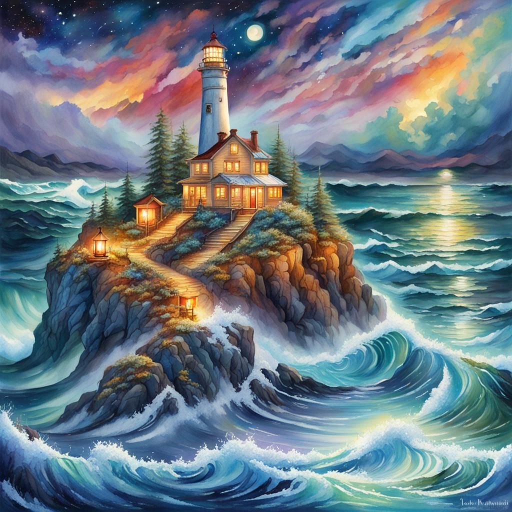 Winter Seascape Lighthouse in Vibrant Watercolor