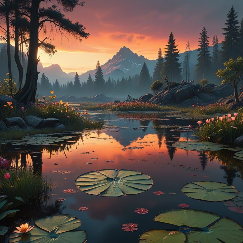 Surreal Pond Scene in Vibrant Expressionist Style