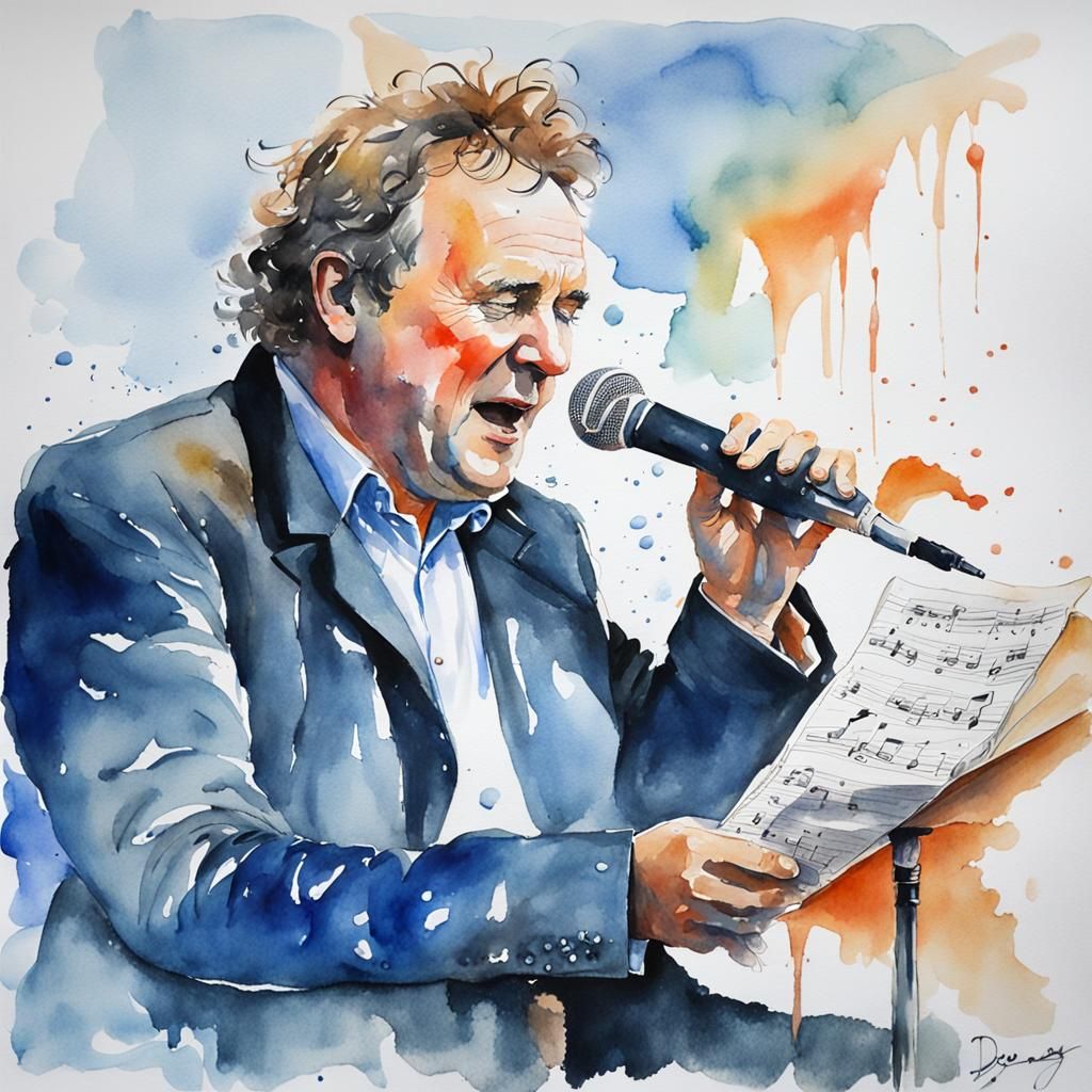 Watercolour Portrait of a Singing Man with Music