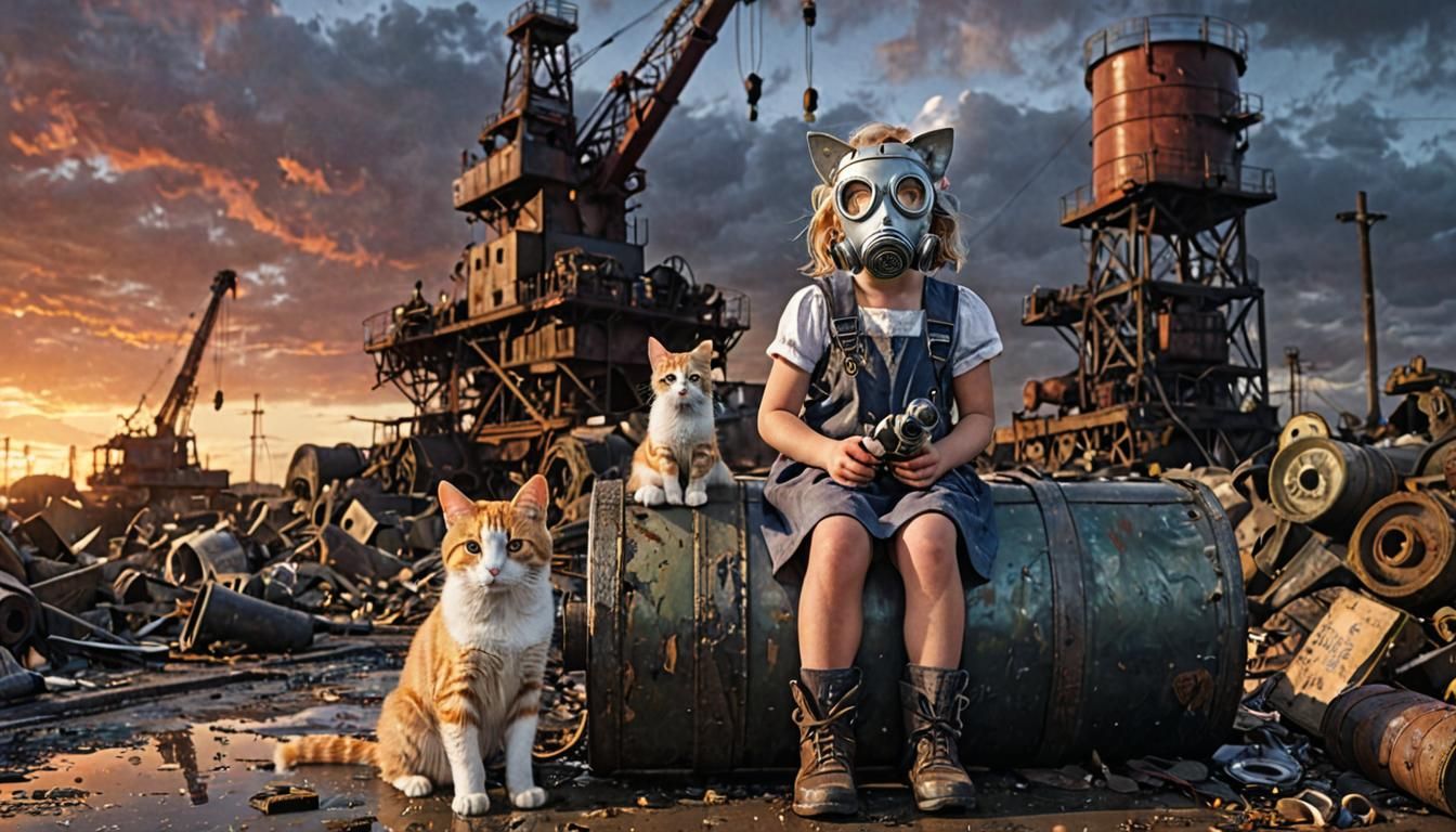 Dieselpunk Girl with Cat in Industrial Port